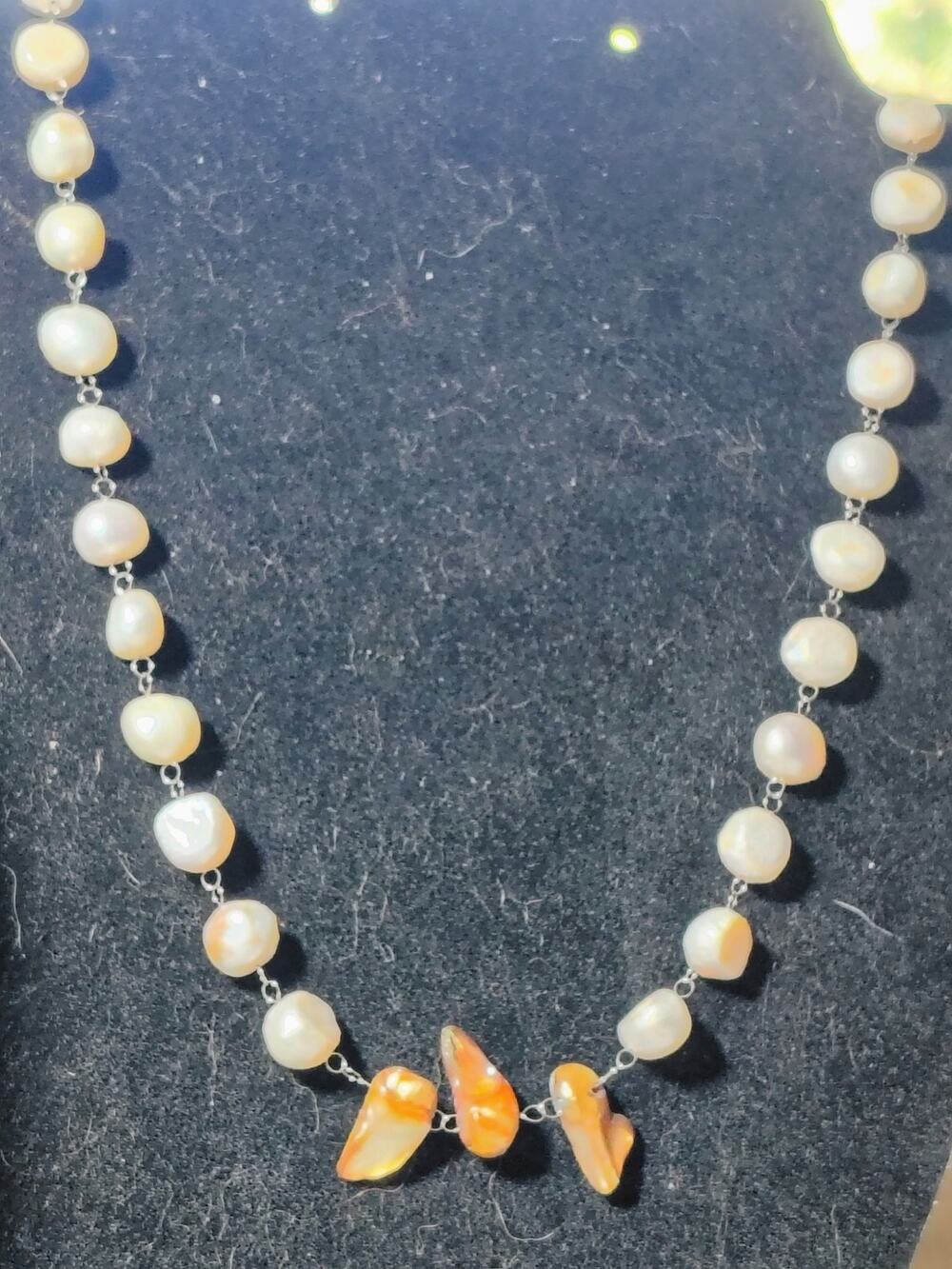 Freshwater Pearl Necklace White Coin Pearls Bronze Biwa Flame Pearls 20"